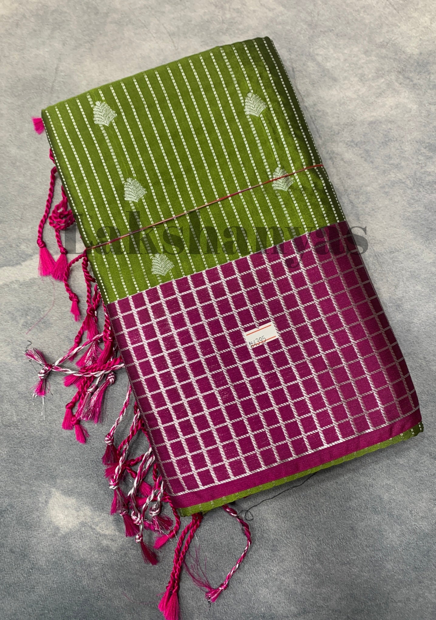 Green Colour Soft Silk Saree with Magenta Checked Design Border