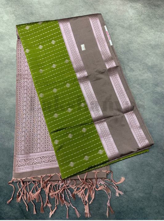 Olive Green Colour Soft Silk Saree with Light Brown Rettai Pettu Border
