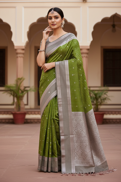 Olive Green Colour Soft Silk Saree with Light Brown Rettai Pettu Border
