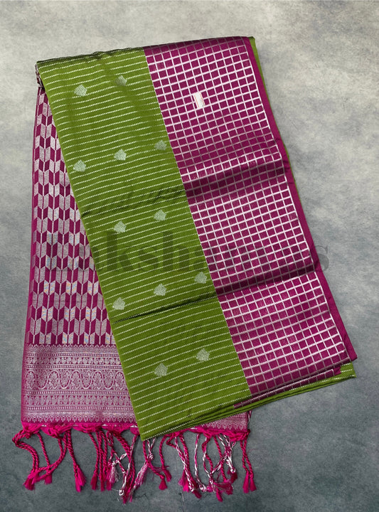 Green Colour Soft Silk Saree with Magenta Checked Design Border
