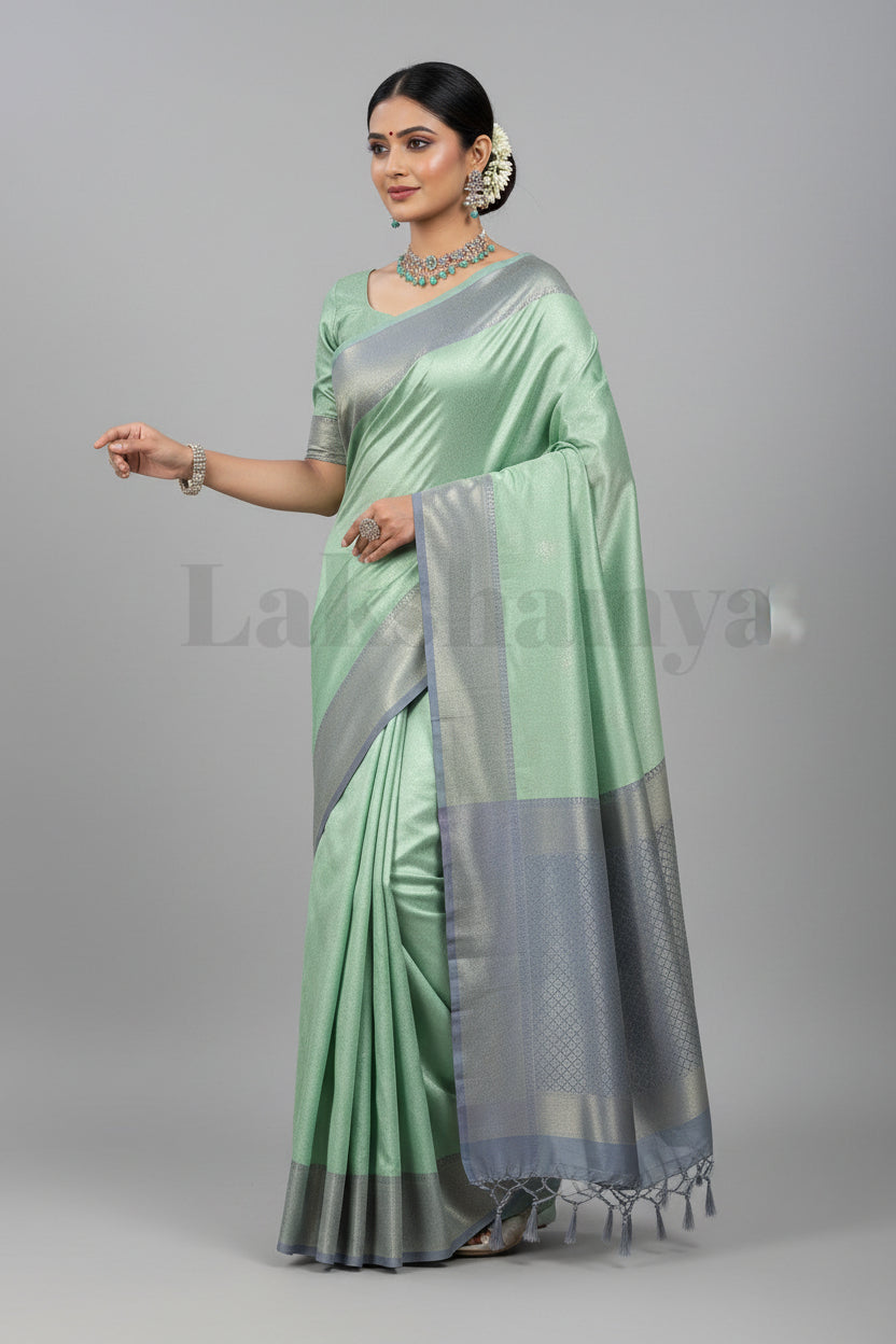 Pista Green Colour Tissue Saree with Gray Colour Border