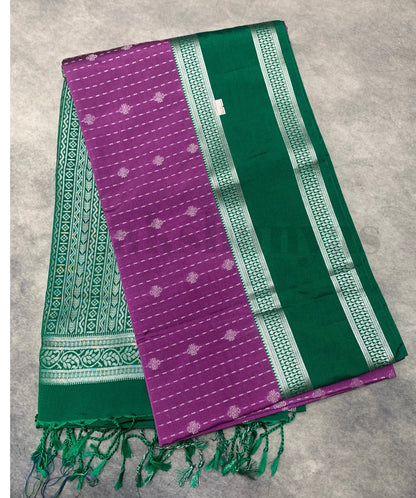 Magenta Colour Soft Silk Saree with Green Rettai Pettu Border
