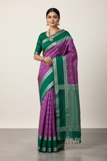 Magenta Colour Soft Silk Saree with Green Rettai Pettu Border