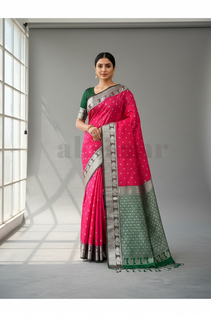 Pink Colour Soft Silk Saree with Green Colour Border