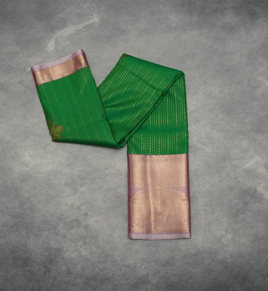 Green Semi Silk Saree with Lilac Peacock Border