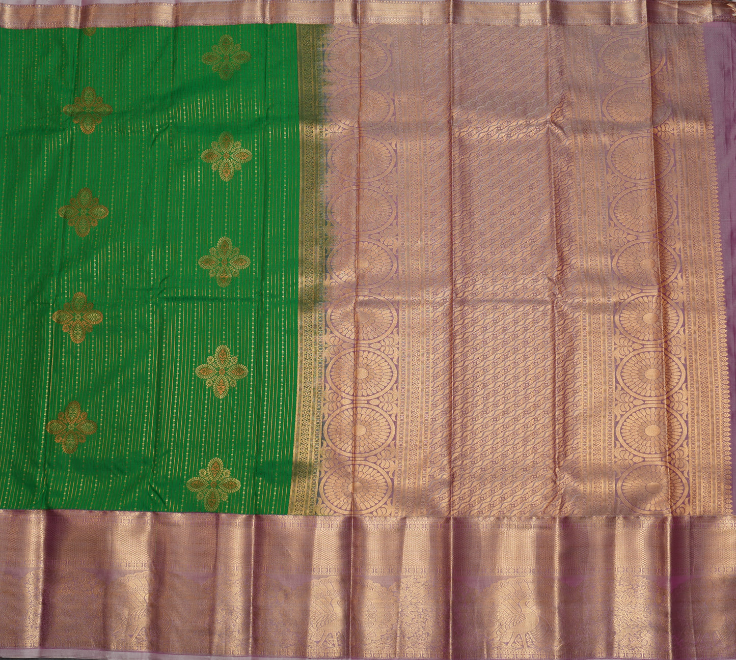 Green Semi Silk Saree with Lilac Peacock Border