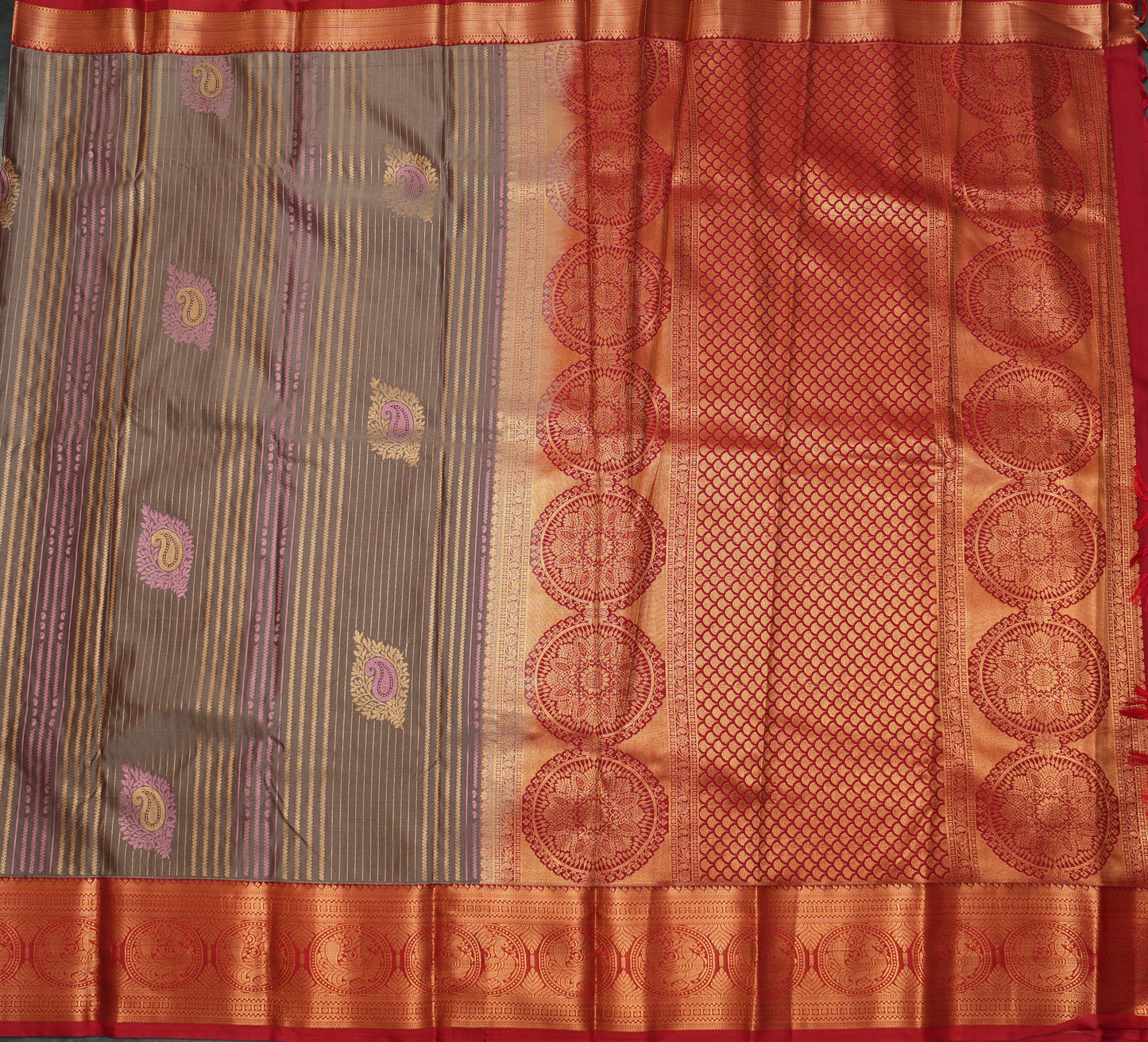 Grey Semi Silk Saree with Maroon Border