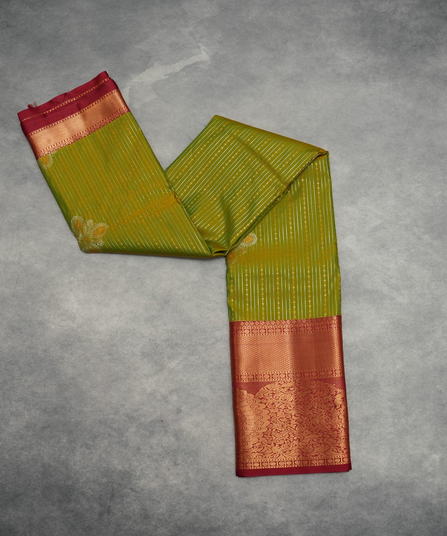 Green Semi Silk Saree with Maroon Peacock Border