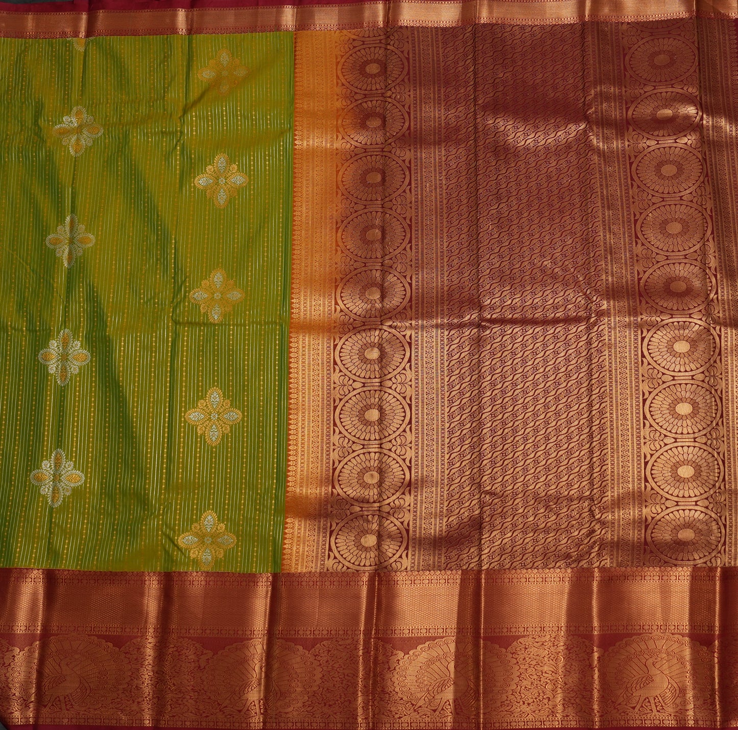 Green Semi Silk Saree with Maroon Peacock Border