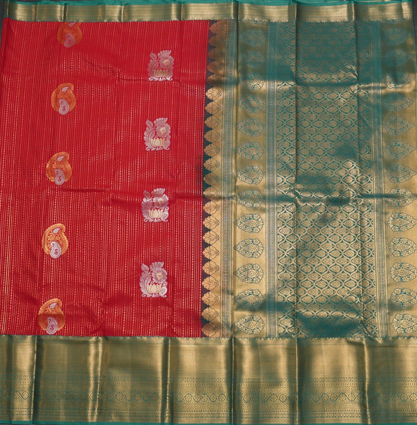 Red Semi Silk Saree with Green Border