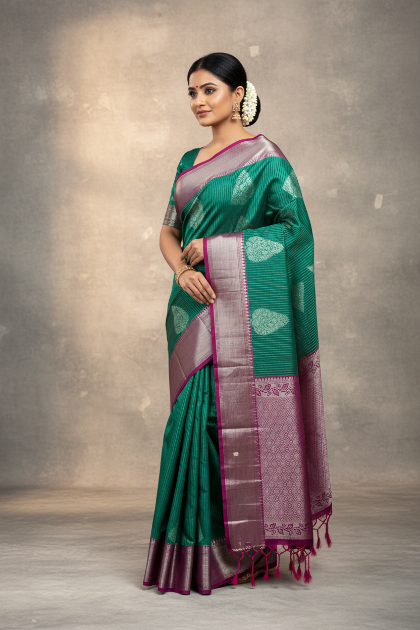 Dark Green Colour Soft Silk Saree with Magenta Colour Border