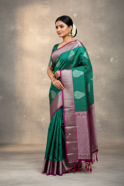 Dark Green Colour Soft Silk Saree with Magenta Colour Border