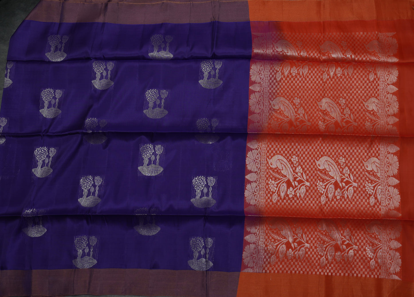 Kanjivaram Blue Soft Silk Saree with Orange Zari Border