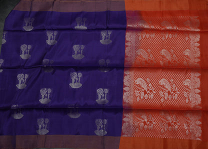 Kanjivaram Blue Soft Silk Saree with Orange Zari Border