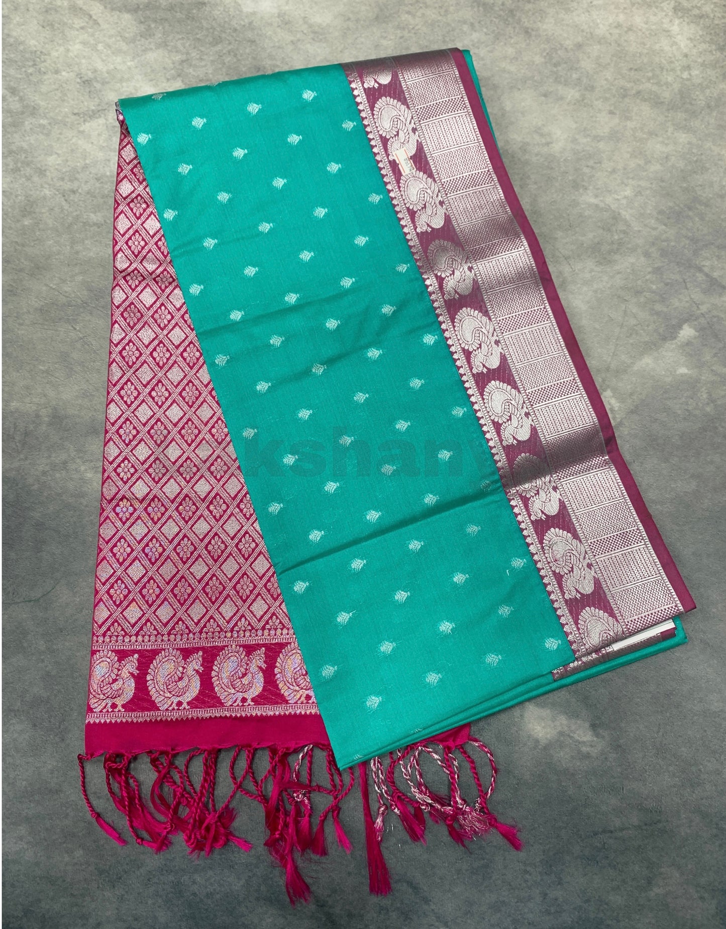 Rama Green Colour Soft Silk Saree with Pink Border