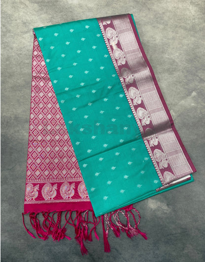 Rama Green Colour Soft Silk Saree with Pink Border