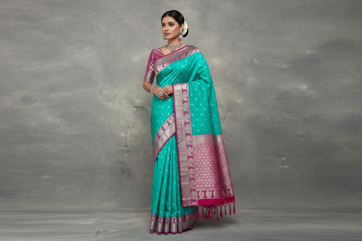 Rama Green Colour Soft Silk Saree with Pink Border