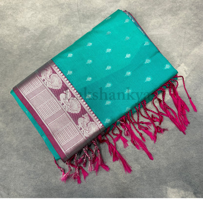 Rama Green Colour Soft Silk Saree with Pink Border