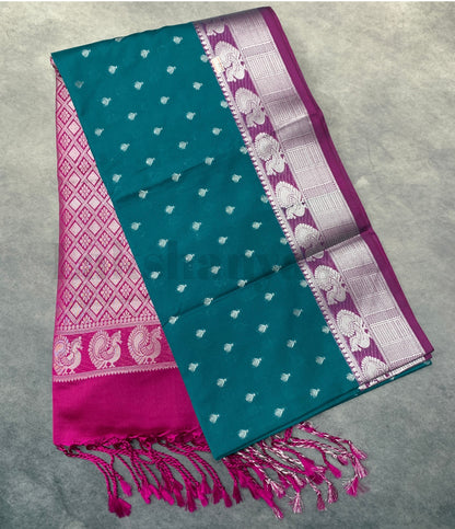 Dark Green Colour Soft Silk Saree with Magenta Colour Border