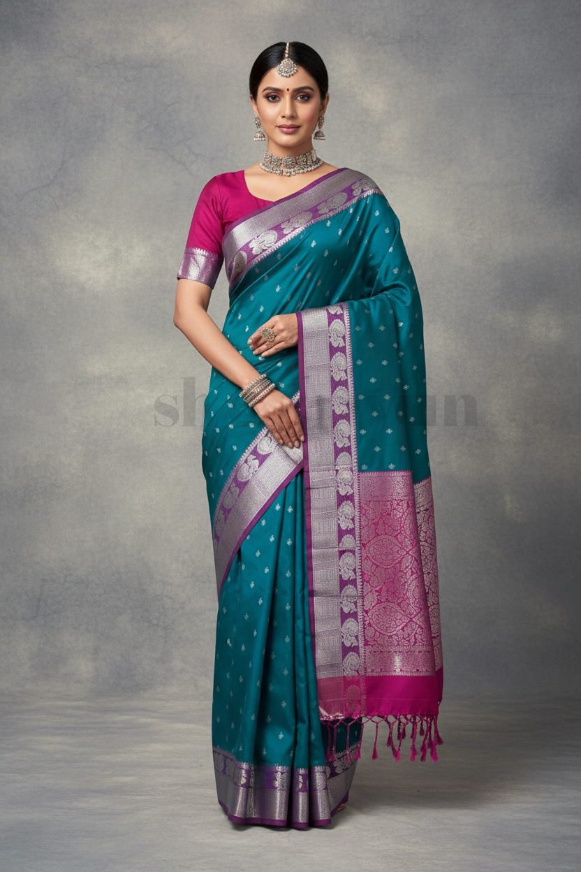 Dark Green Colour Soft Silk Saree with Magenta Colour Border