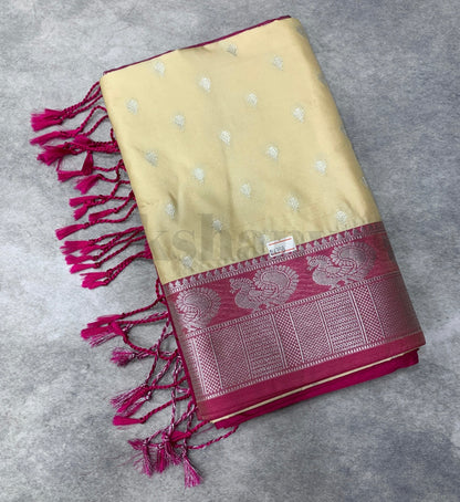 Cream Colour Soft Silk Saree with Pink Colour Border