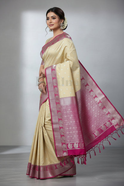 Cream Colour Soft Silk Saree with Pink Colour Border