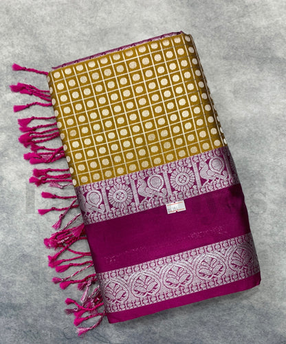 Mustard Colour Soft Silk Saree with Rich Magenta Rettai Pettu Border