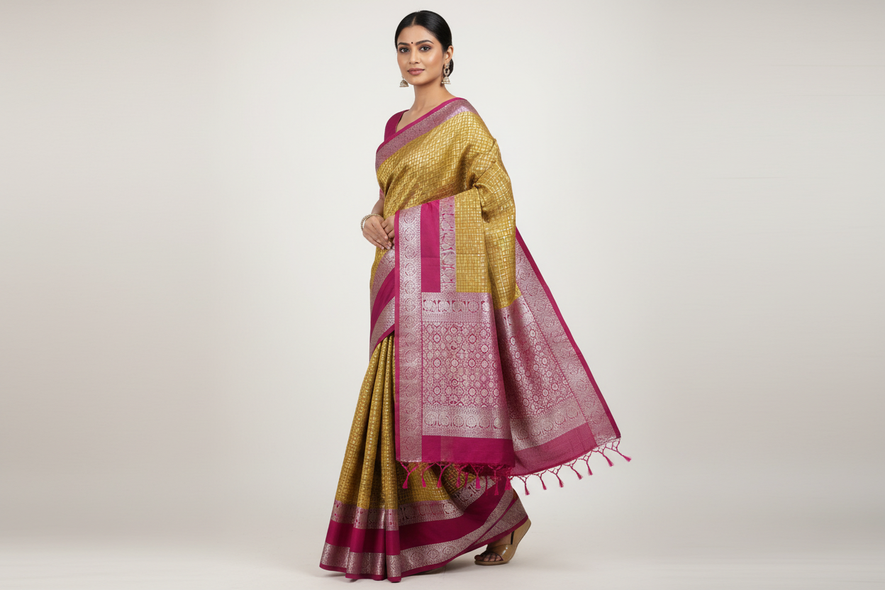 Mustard Colour Soft Silk Saree with Rich Magenta Rettai Pettu Border