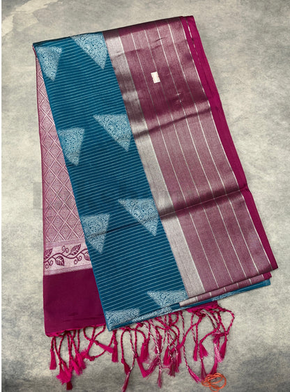 Blue Colour Soft Silk Saree with Magenta Colour Border