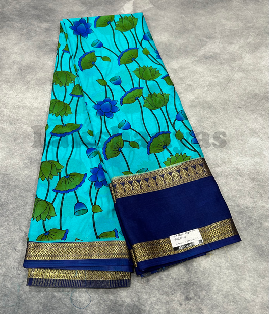 Blue Floral Digital Printed Mysore Crepe Saree