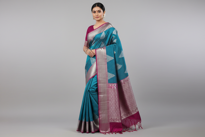 Blue Colour Soft Silk Saree with Magenta Colour Border