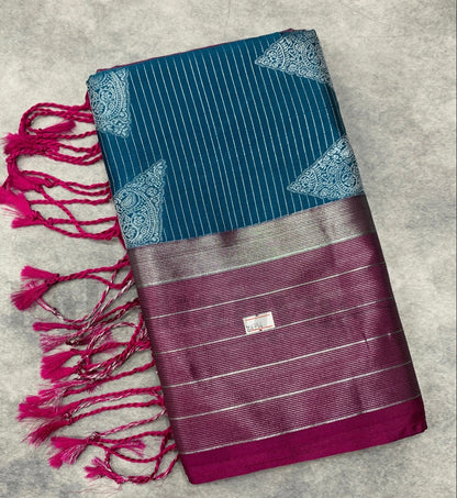 Blue Colour Soft Silk Saree with Magenta Colour Border