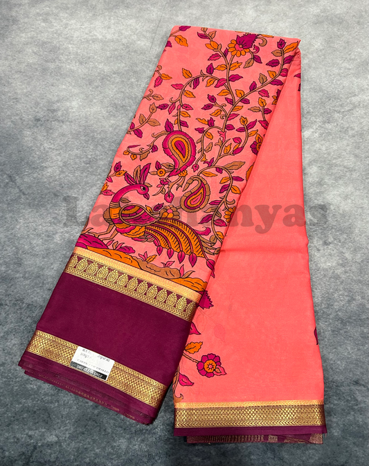 Rose Peacock Digital Printed Mysore Crepe Saree