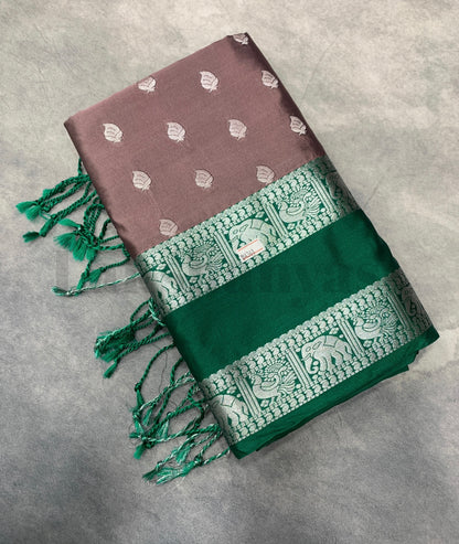 Lite Brown Colour Soft Silk Saree with Green Rettai Pettu Border