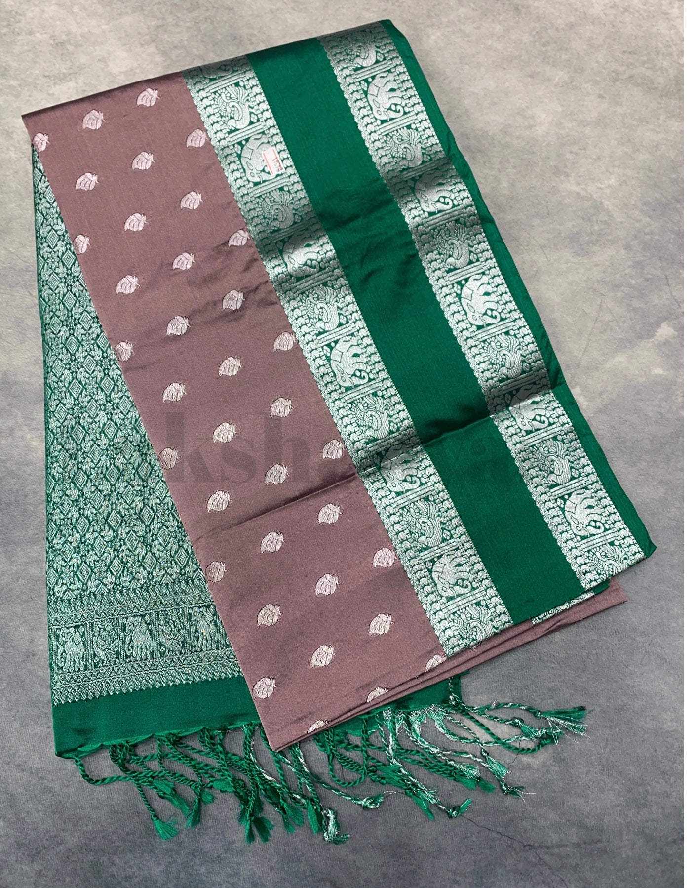 Lite Brown Colour Soft Silk Saree with Green Rettai Pettu Border