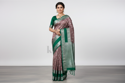 Lite Brown Colour Soft Silk Saree with Green Rettai Pettu Border