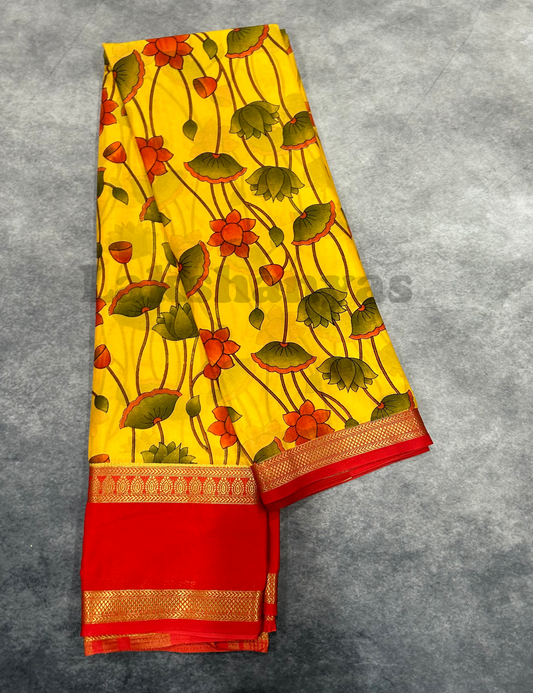 Yellow Floral Digital Printed Mysore Crepe Saree