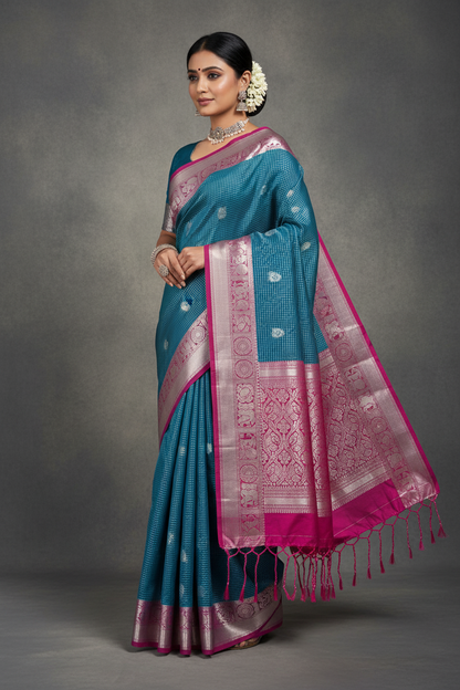 Blue Colour Soft Silk Saree with Magenta Colour Border