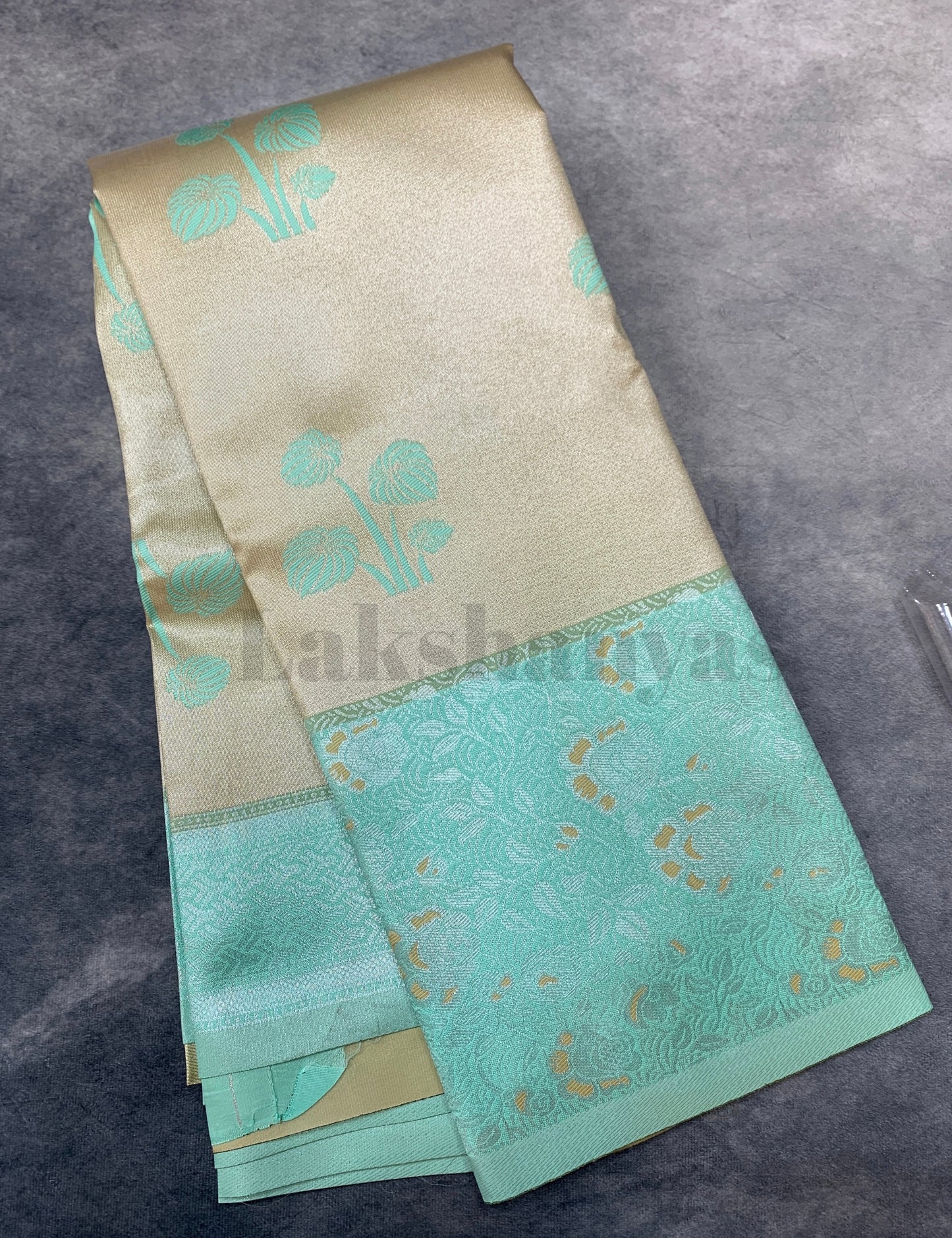 Gold Colour Tissue Saree with Sapphire Border