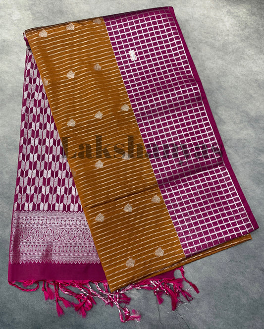 Mustard Colour Soft Silk Saree with Rich Magenta Checked Border