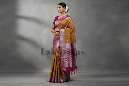 Mustard Colour Soft Silk Saree with Rich Magenta Checked Border