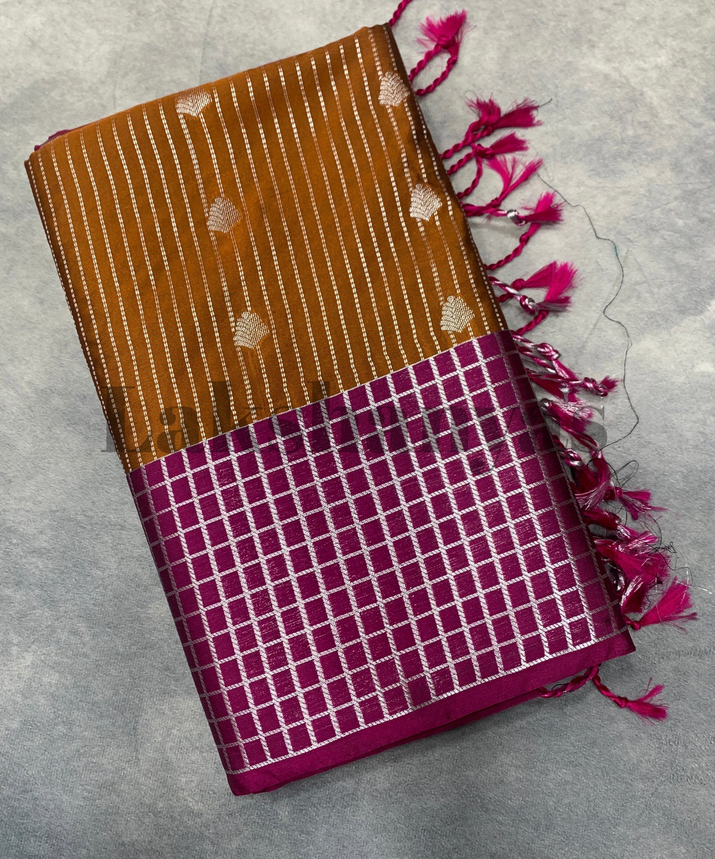 Mustard Colour Soft Silk Saree with Rich Magenta Checked Border