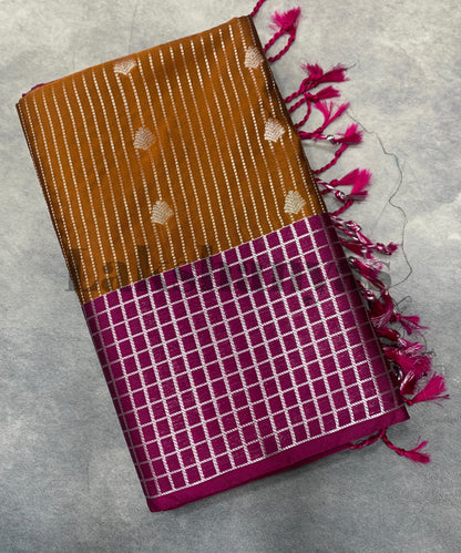 Mustard Colour Soft Silk Saree with Rich Magenta Checked Border