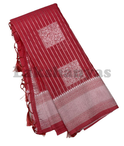 Cherry Color Linen Silk Saree with Sliver Zari Border