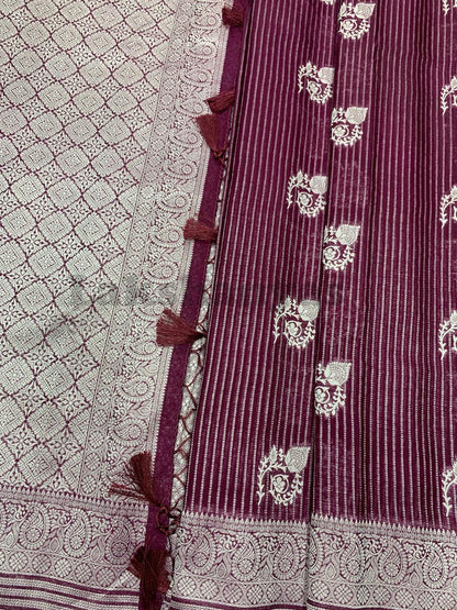 Magenta Colour Linen Silk Saree with Sliver Zari Border