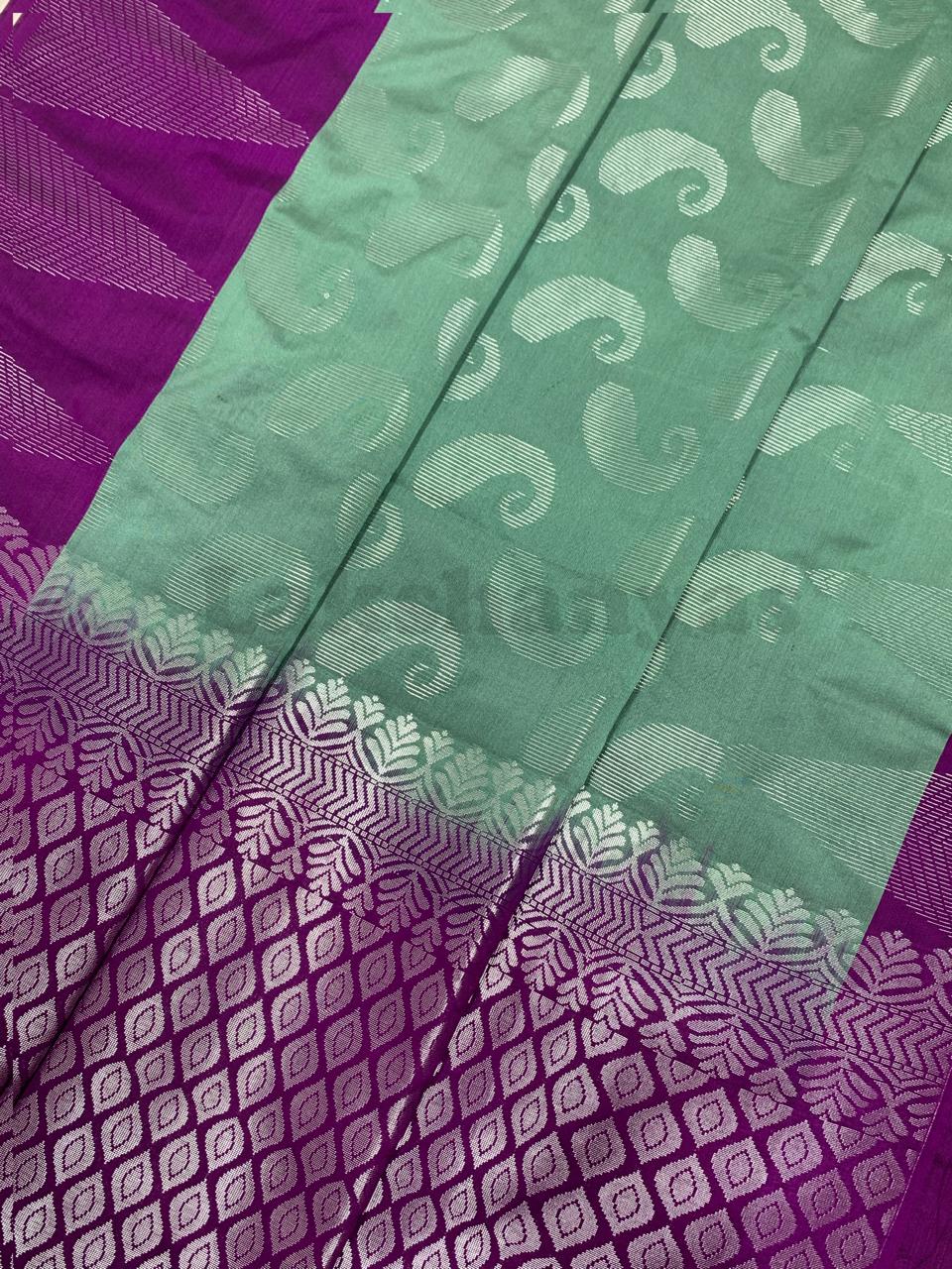 Sapphire Colour Soft Silk Saree with Purple Temple Border