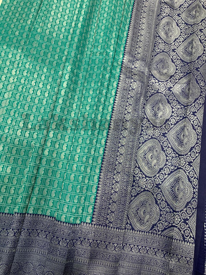 Green Colour 1000 Butta Saree with Navy Blue Border